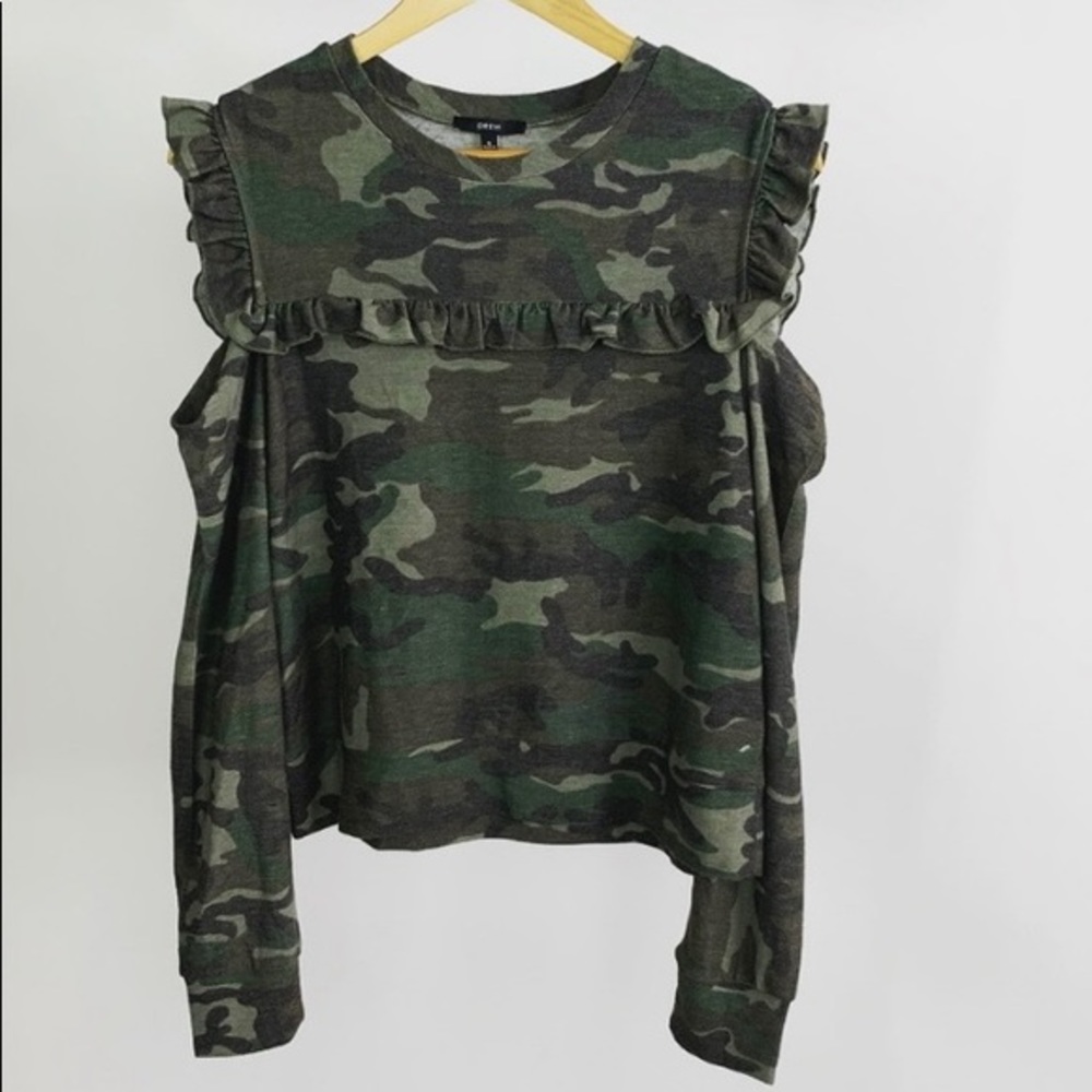 DREW Camo Cold Shoulder Sweater
